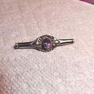 Sterling Silver Amethyst Bar Pin Brooch French Rococo Style 2in 5.1g Vintage
